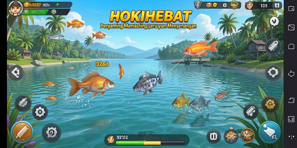 Tampilan utama gameplay HOKIHEBAT dengan aktivitas memancing yang seru.