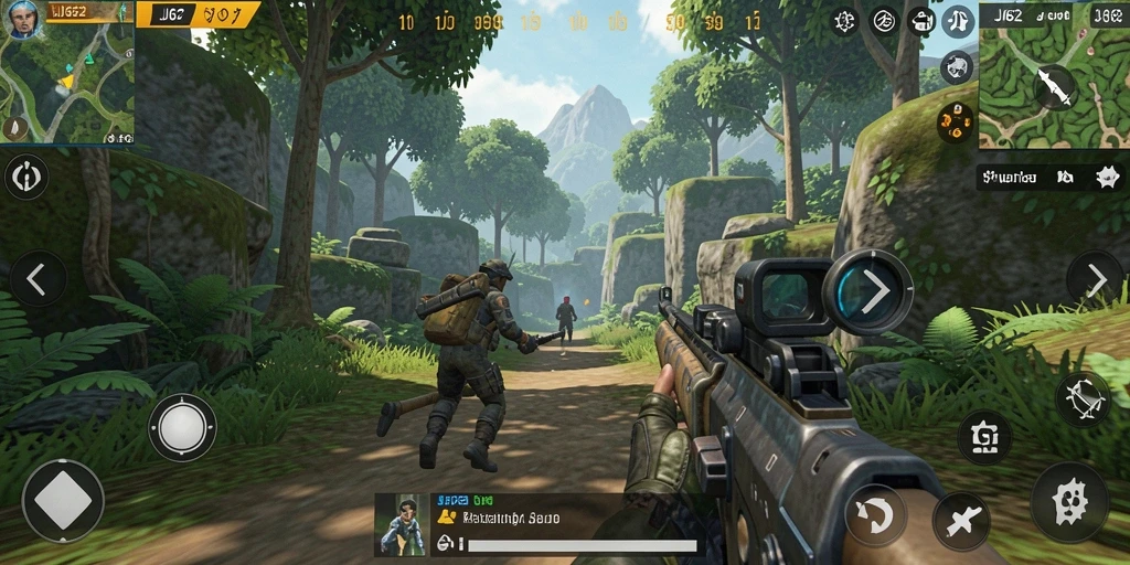 Tangkapan layar gameplay JJ62 menampilkan aksi tembak-menembak yang seru.