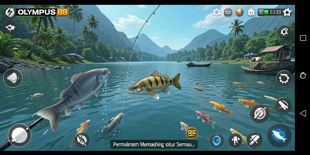 Screenshot OLYMPUS88 menampilkan pengguna sedang memancing di lokasi yang indah.